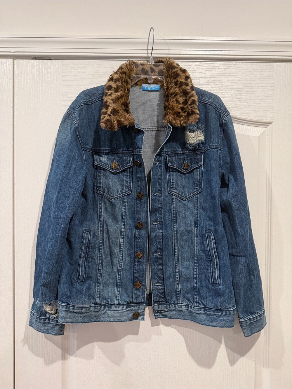 Show Me Your MuMu Blue Denim Jacket with Leopard Faux Fur Collar